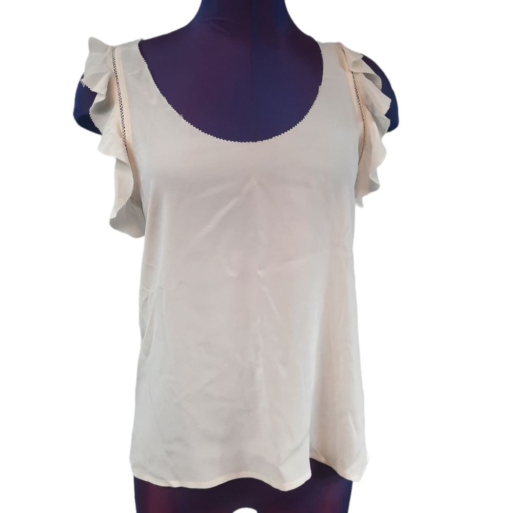Joie 100%‎ Silk Cream Blouse Flutter Sleeve Cut Out Scoop Neck Size XS Women's